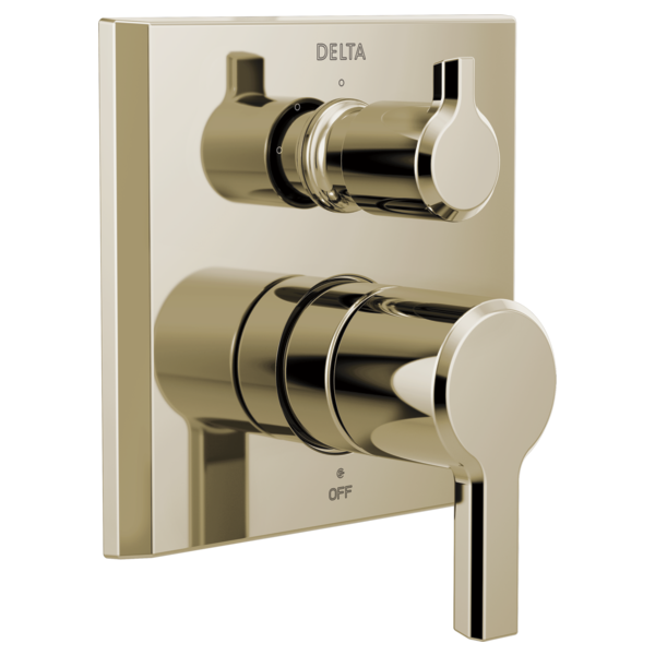 Delta brushed nickel two-handle shower valve trim with upper diverter and lower lever control on square plate.