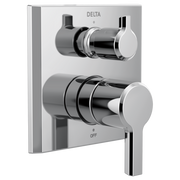 Chrome and black Delta monitor valve trim with two cylindrical handles and diverter control on rectangular backplate.