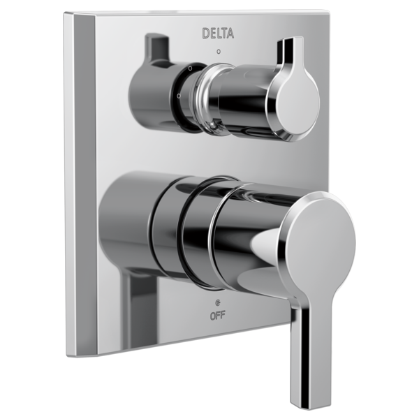 Chrome and black Delta monitor valve trim with two cylindrical handles and diverter control on rectangular backplate.