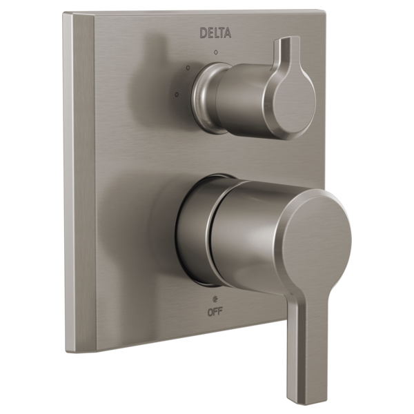 Brushed nickel Delta valve trim with two round handles and diverter control on square plate.
