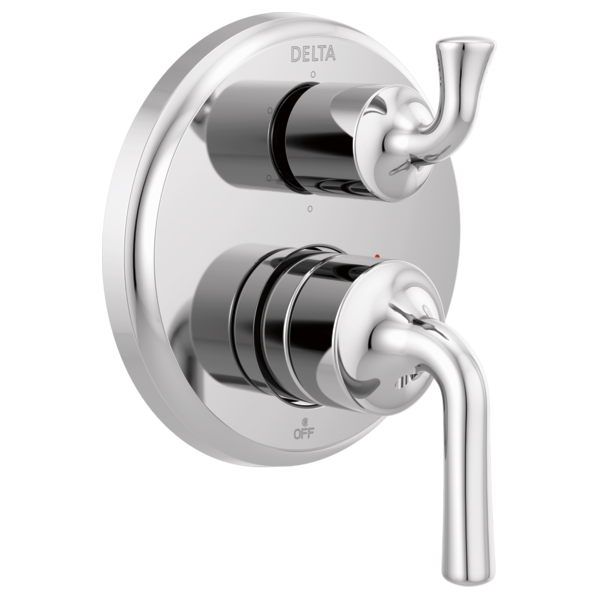 Chrome Delta shower valve trim with two lever handles and integrated diverter control on round escutcheon plate.