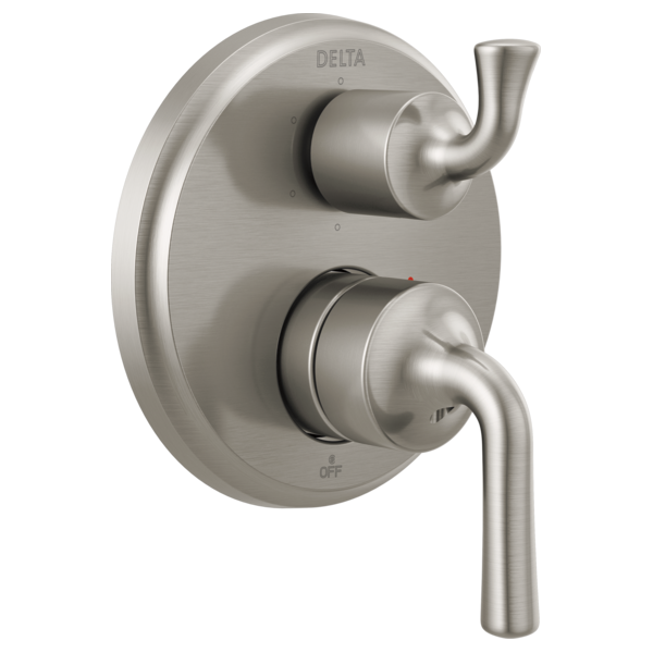 Brushed nickel two-handle shower valve trim with curved lever handles and integrated diverter control.