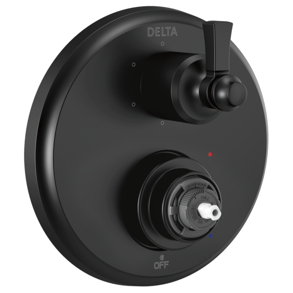 Black Delta Dorval valve trim with two handles and circular escutcheon plate, featuring temperature dial and diverter control