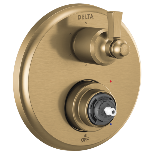 Champagne bronze Delta shower valve trim with dual handles, upper lever control, and lower rotary diverter dial with off posi