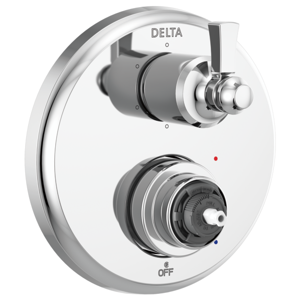 Delta chrome shower valve trim with two handles and diverter control on white oval plate.
