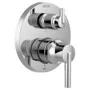 Chrome and white shower valve trim with two lever handles and integrated diverter control.