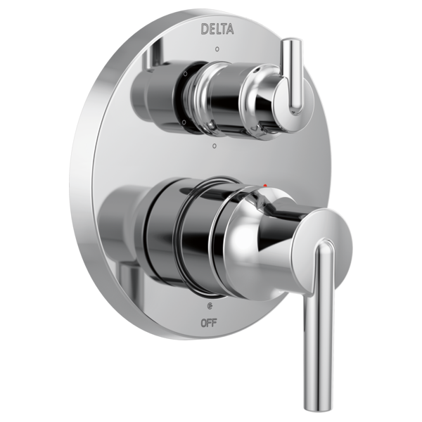 Chrome and white shower valve trim with two lever handles and integrated diverter control.