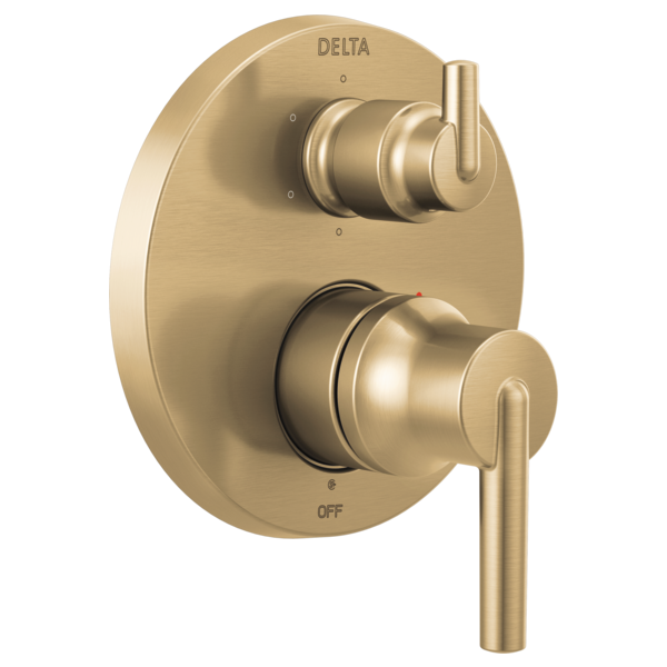 Delta Trinsic brushed champagne bronze shower valve trim with two lever handles and integrated diverter.