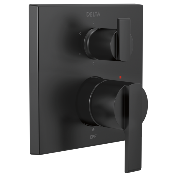 Black Delta shower valve trim with cylindrical handles, upper diverter control, and lower temperature adjustment lever.