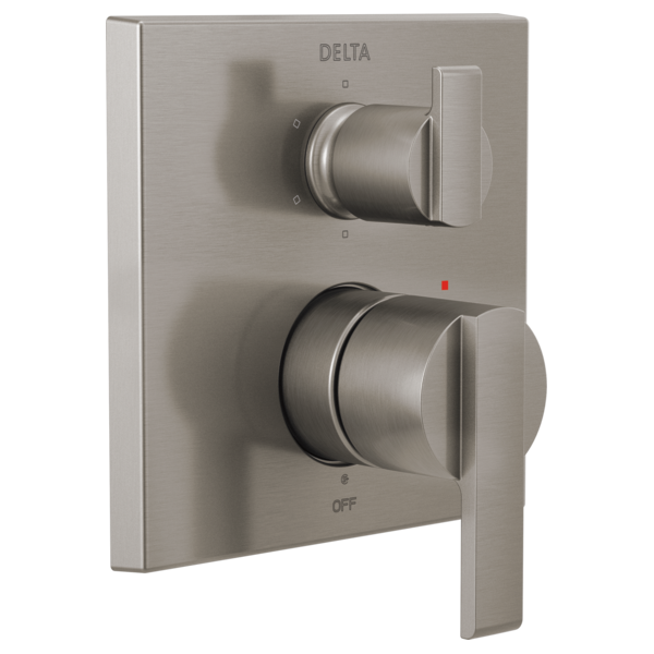 Brushed nickel angular shower valve trim with dual cylindrical handles and integrated diverter control.