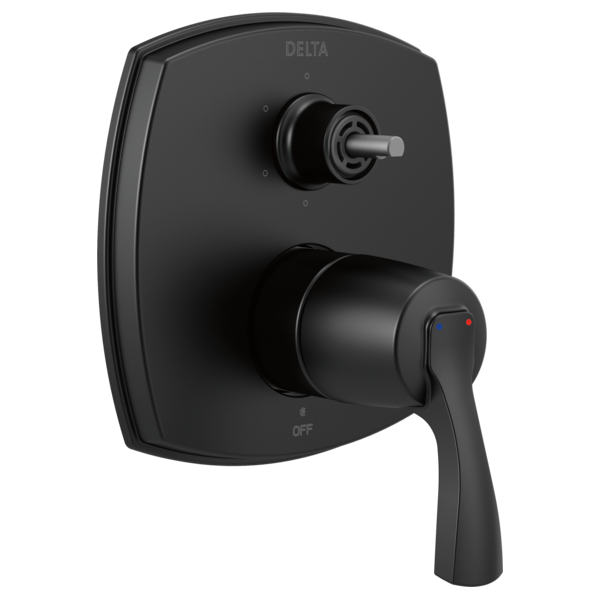 Matte black Delta Stryke shower valve trim with integrated diverter, featuring a lever handle and round trim plate.