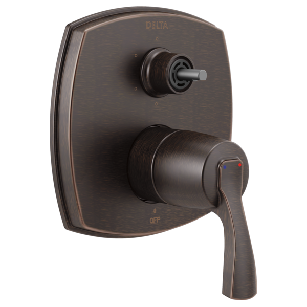 Delta Stryke oil-rubbed bronze shower valve trim with integrated diverter and lever handle.