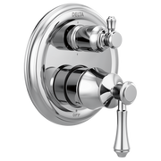 Chrome two-handle shower valve trim with circular escutcheon plate, upper and lower control knobs, and integrated diverter.
