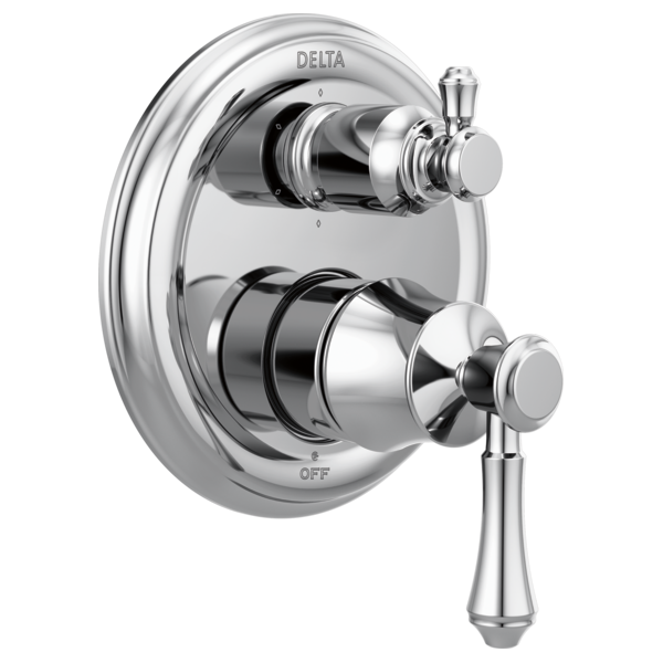 Chrome two-handle shower valve trim with circular escutcheon plate, upper and lower control knobs, and integrated diverter.
