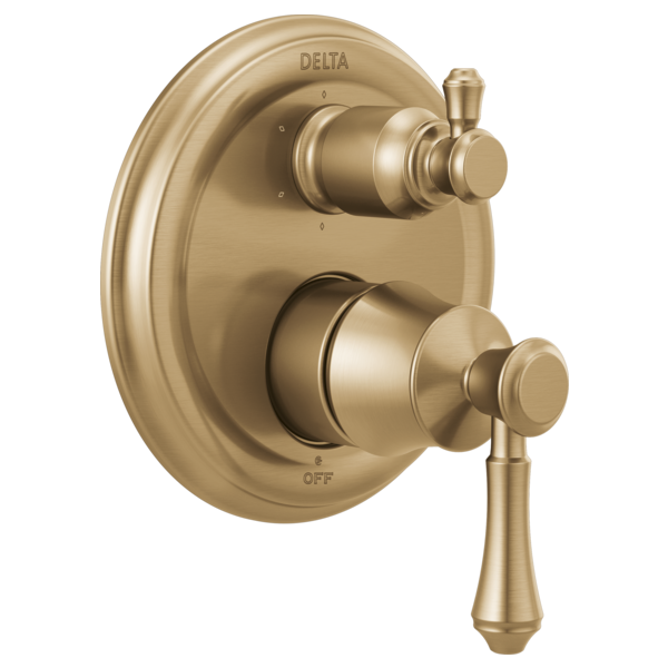 Champagne bronze two-handle shower valve trim with round escutcheon plate and lever handles.