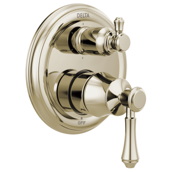 Delta Cassidy two-handle shower valve trim with round escutcheon plate and diverter lever in polished nickel finish.