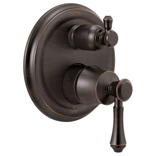 Oil-rubbed bronze two-handle shower valve trim with round escutcheon plate and lever handles.
