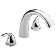 Chrome roman tub faucet with curved spout and two lever handles.