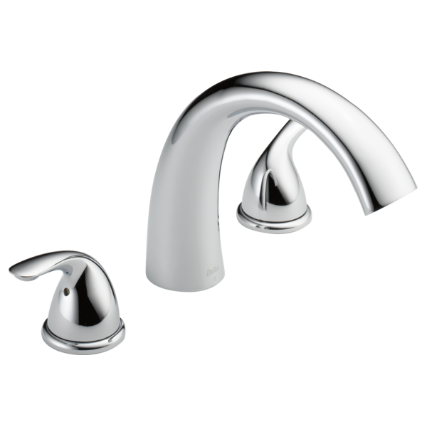 Chrome roman tub faucet with curved spout and two lever handles.
