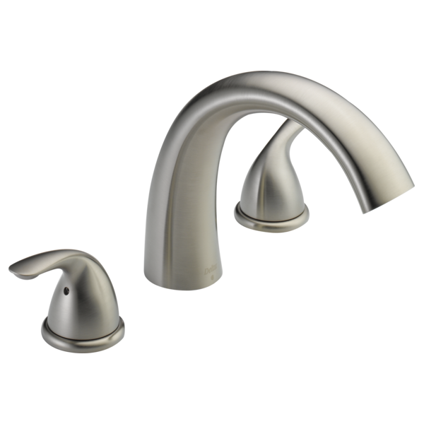 Brushed nickel roman tub faucet with curved spout and two lever handles.