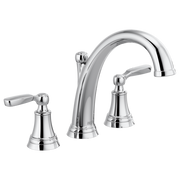 Three-piece chrome Roman tub faucet with curved spout and lever handles on bell-shaped bases.
