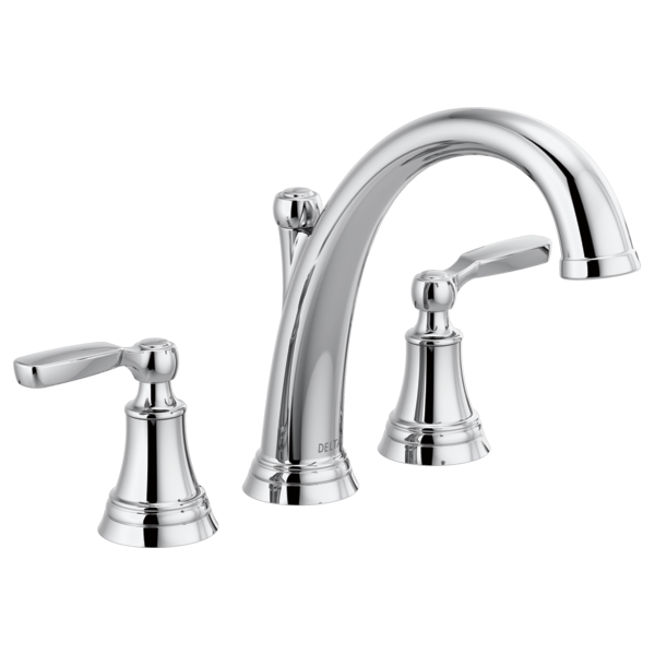 Three-piece chrome Roman tub faucet with curved spout and lever handles on bell-shaped bases.