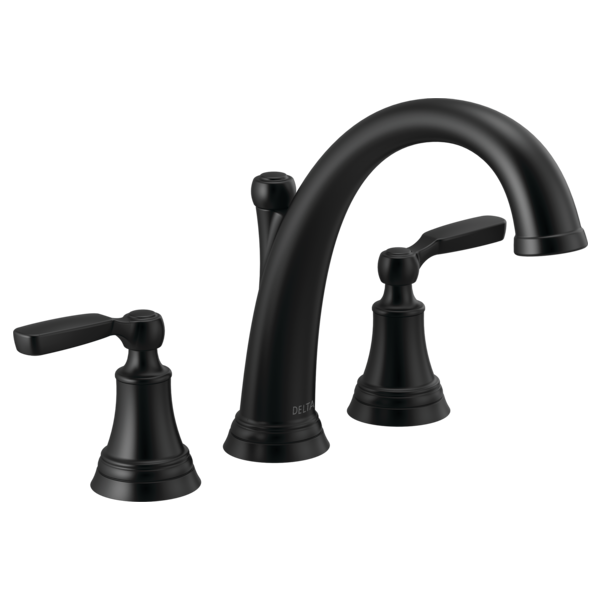 Black three-piece Roman tub faucet with curved spout and lever handles on bell-shaped bases.