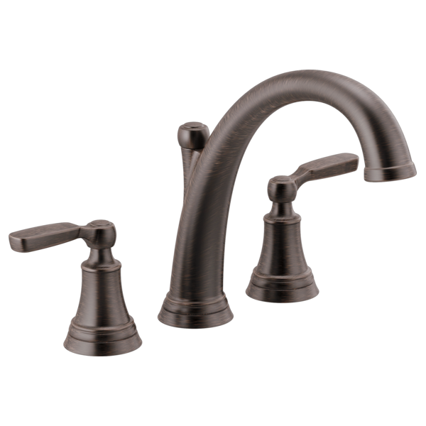 Three-piece oil-rubbed bronze Roman tub faucet trim with curved spout and lever handles.