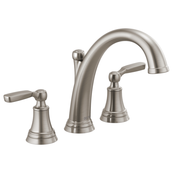 Brushed nickel three-piece roman tub faucet with curved spout and lever handles on bell-shaped bases.