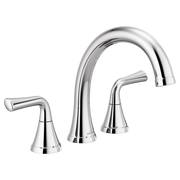 Chrome three-piece roman tub faucet with curved spout and lever handles on white background.