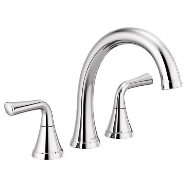 Chrome three-piece roman tub faucet with curved spout and lever handles on white background.