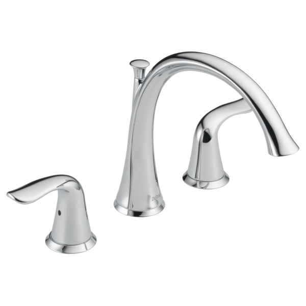 Chrome three-piece roman tub faucet with curved spout and lever handles.