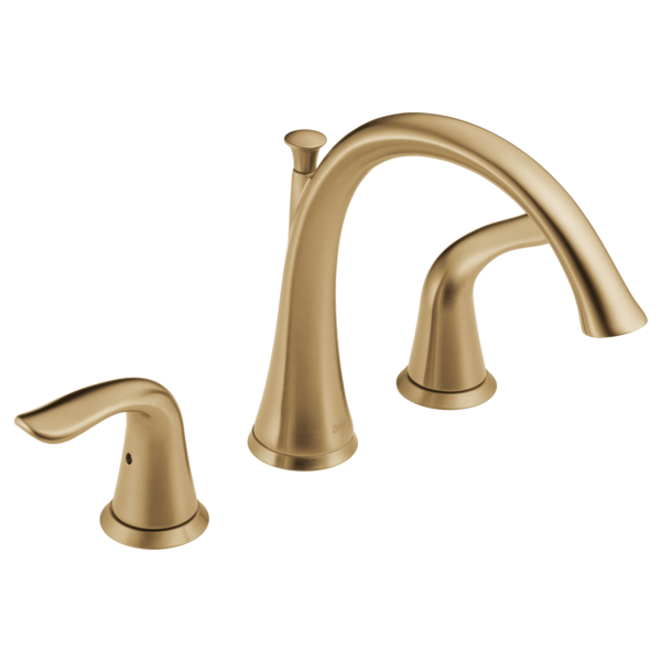 Champagne bronze Roman tub trim with curved spout and two lever handles.