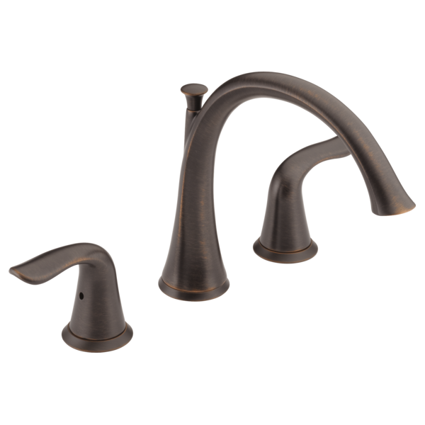 Bronze three-piece roman tub faucet trim with curved spout and two matching handle controls.