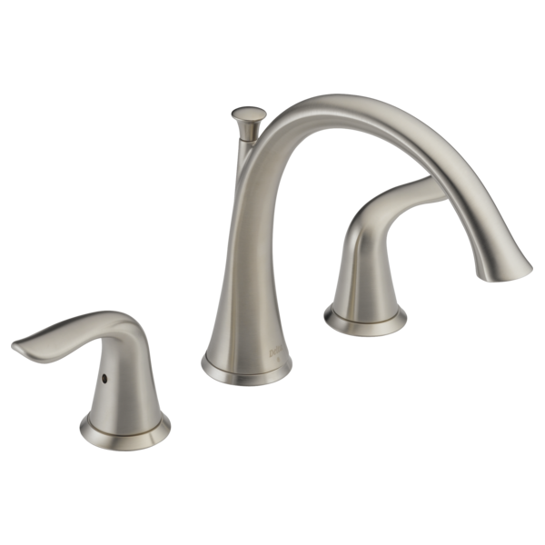 Brushed nickel Roman tub faucet with curved spout and two matching side handles.
