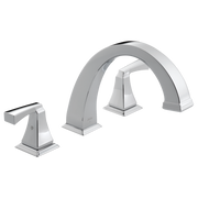 Chrome Roman tub faucet with two handles and curved spout in brushed nickel finish.