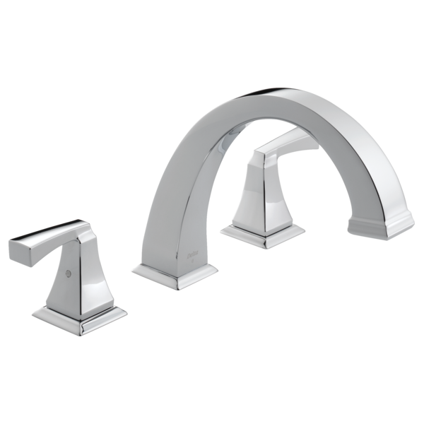 Chrome Roman tub faucet with two handles and curved spout in brushed nickel finish.