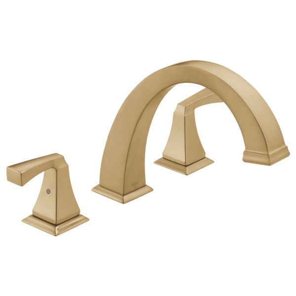 Champagne bronze three-piece roman tub faucet trim with curved spout and squared handles on pedestal bases.