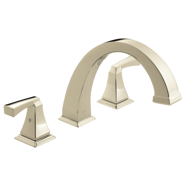 Chrome Roman tub faucet with curved arch spout and two matching square-based handles in brushed nickel finish.
