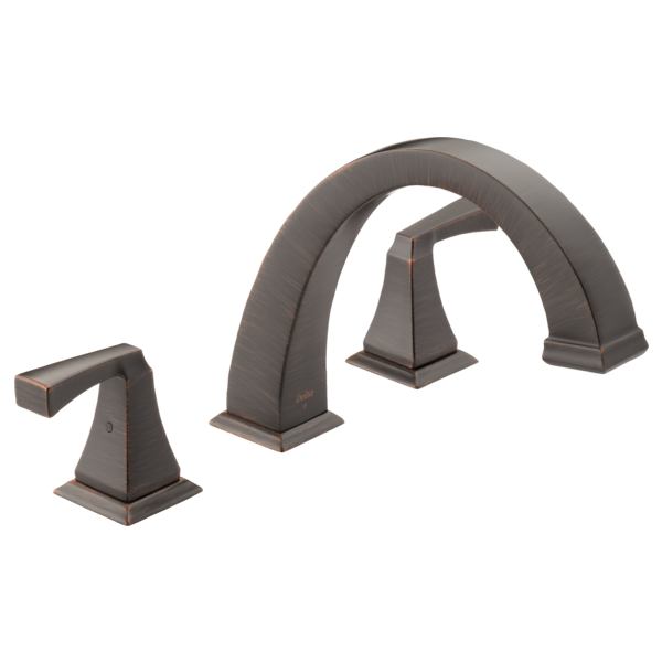 Oil-rubbed bronze roman tub faucet trim with arched spout and two lever handles on square bases.