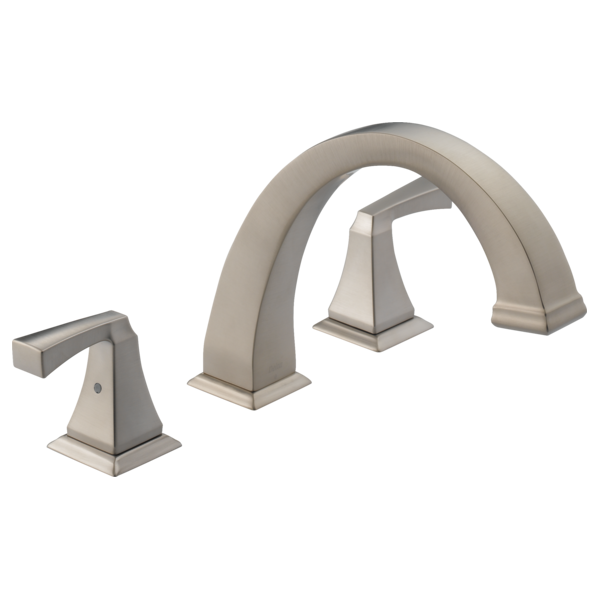 Brushed nickel three-piece Roman tub faucet trim with curved spout and square tapered handles.