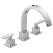 Chrome Roman tub faucet with curved high-arc spout and two lever handles on square bases.