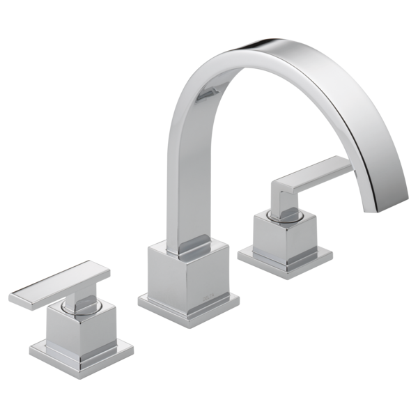 Chrome Roman tub faucet with curved high-arc spout and two lever handles on square bases.