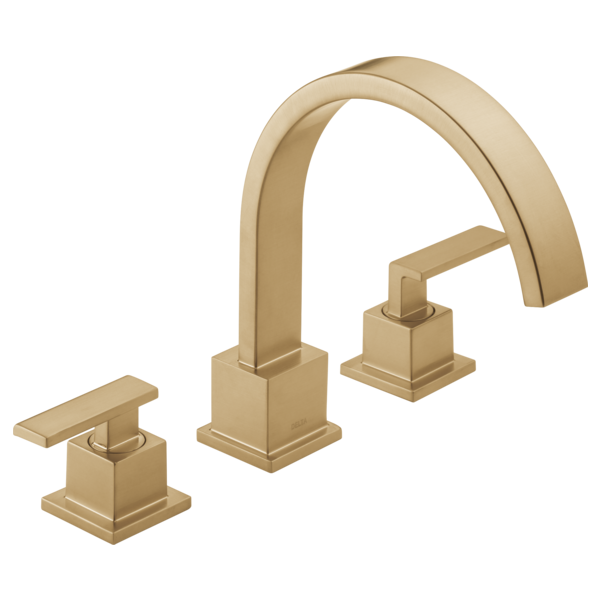 Champagne bronze three-piece Roman tub faucet with arched spout and lever handles on square bases.