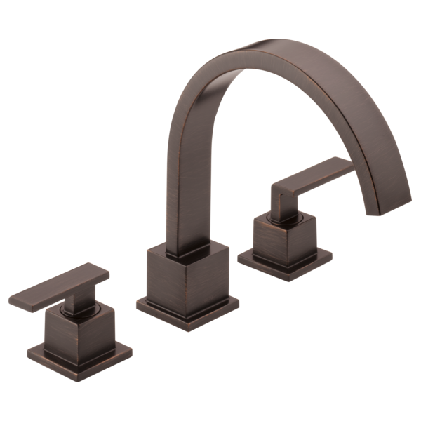 Bronze three-piece Roman tub faucet with curved spout and square lever handles.