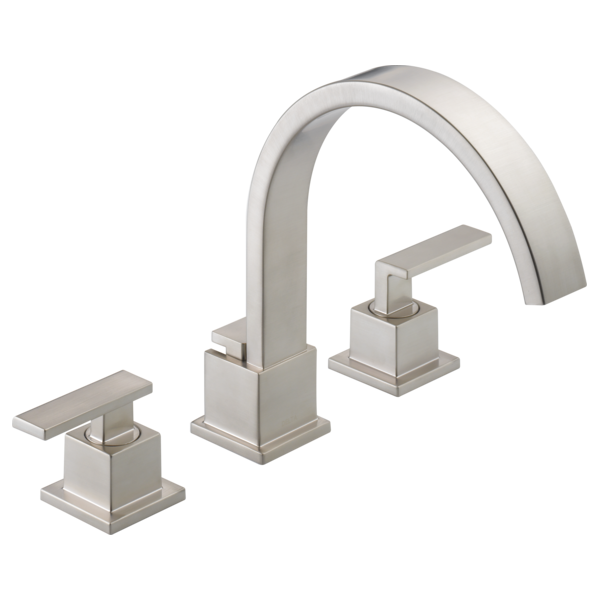 Brushed nickel three-piece roman tub faucet with curved spout and rectangular lever handles.