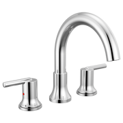 Chrome three-piece roman tub faucet with curved spout and lever handles on either side.