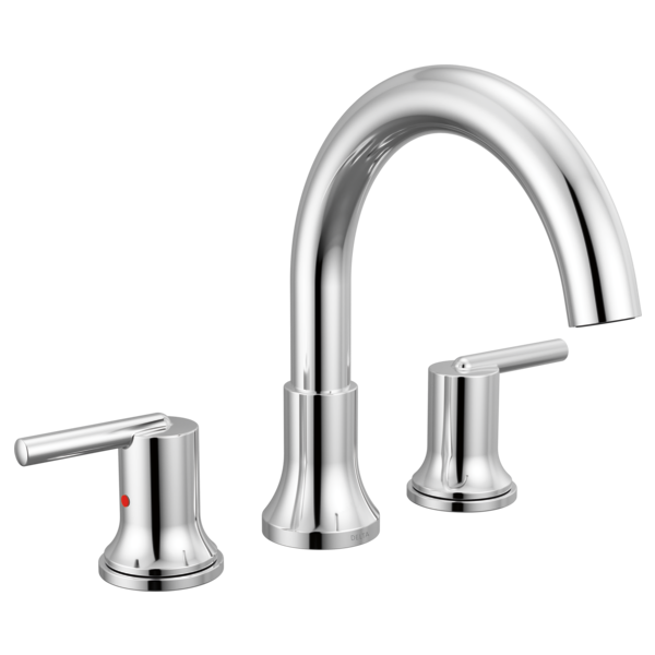 Chrome three-piece roman tub faucet with curved spout and lever handles on either side.