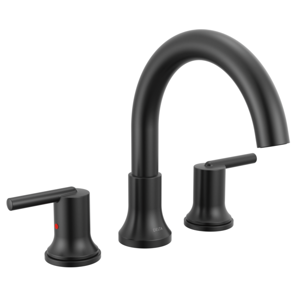 Black matte finish Delta Trinsic roman tub trim with curved spout and two lever handles.