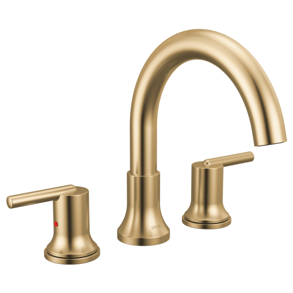 Champagne bronze three-piece Roman tub faucet with curved spout and lever handles.